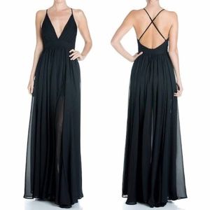 Meghan LA, Enchanted Garden Maxi Dress, Small, Black, Plunge Neck
